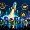 Startup Demo Day illustration with launching rocket, startup companies, investors, and funding growth