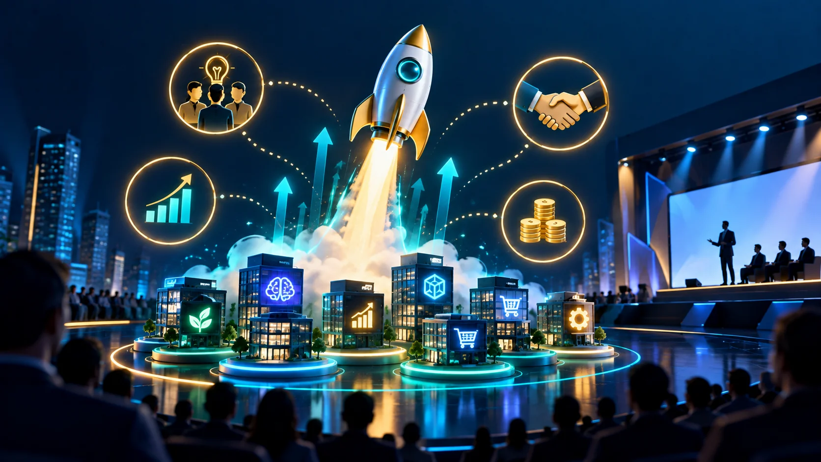 Startup Demo Day illustration with launching rocket, startup companies, investors, and funding growth