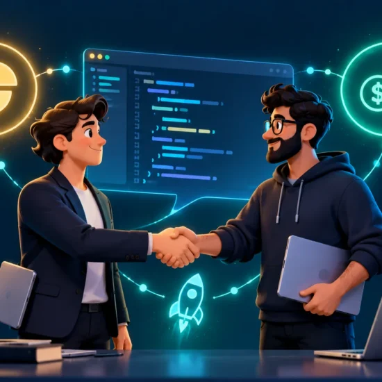 Startup founder and engineer discussing equity and salary with a code interface
