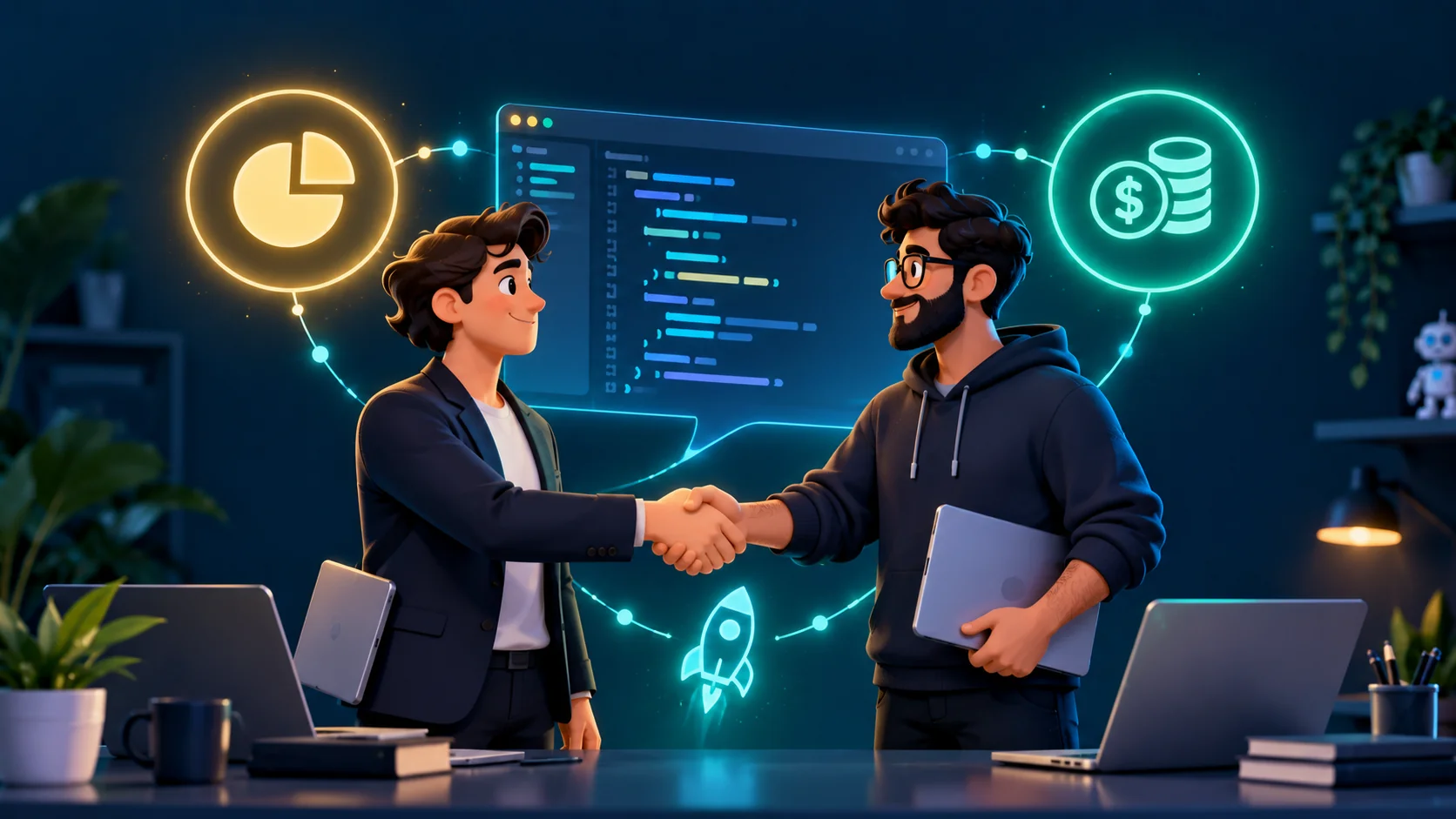 Startup founder and engineer discussing equity and salary with a code interface