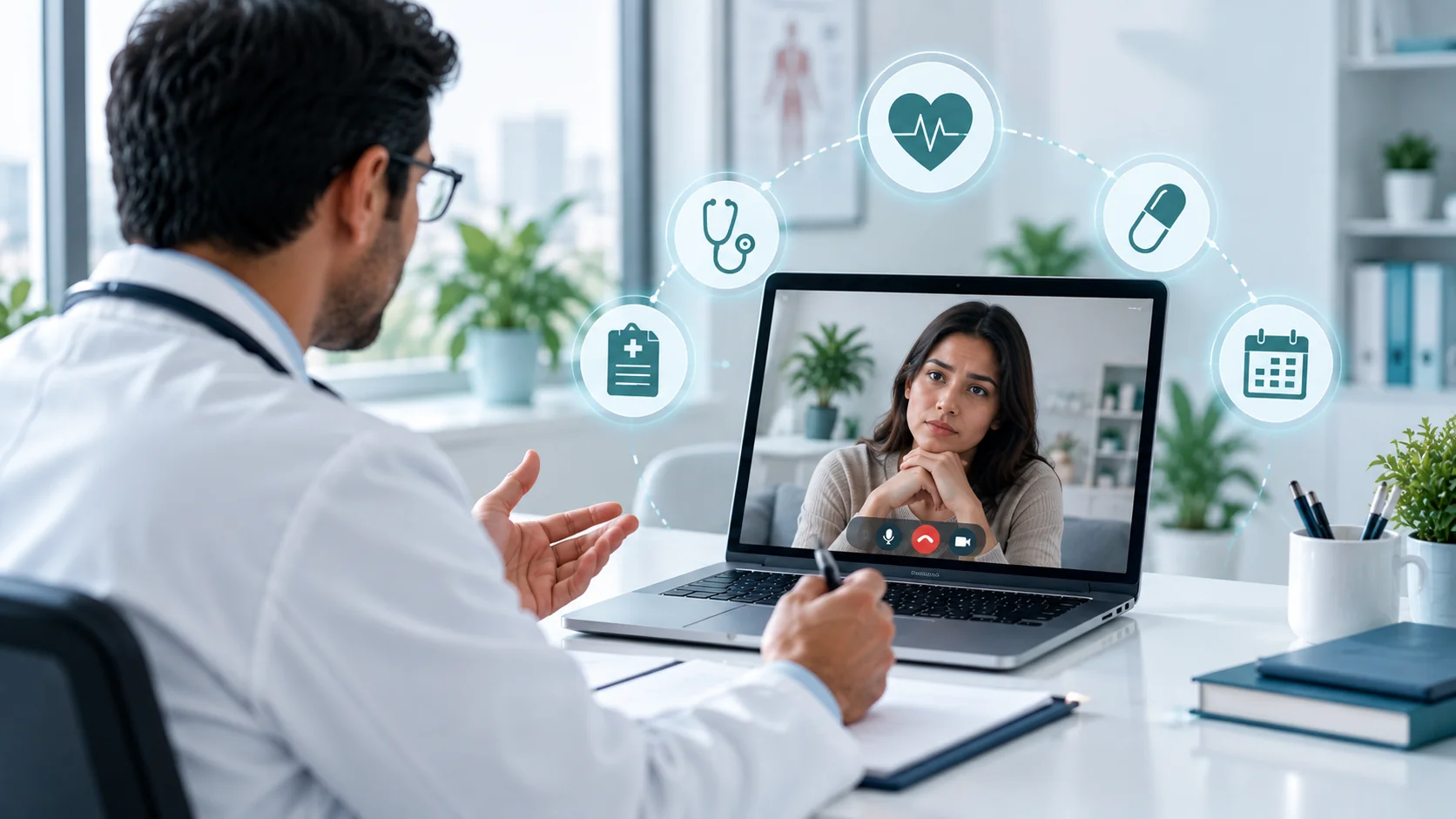 Doctor conducting a telemedicine video consultation with a concerned female patient on a laptop
