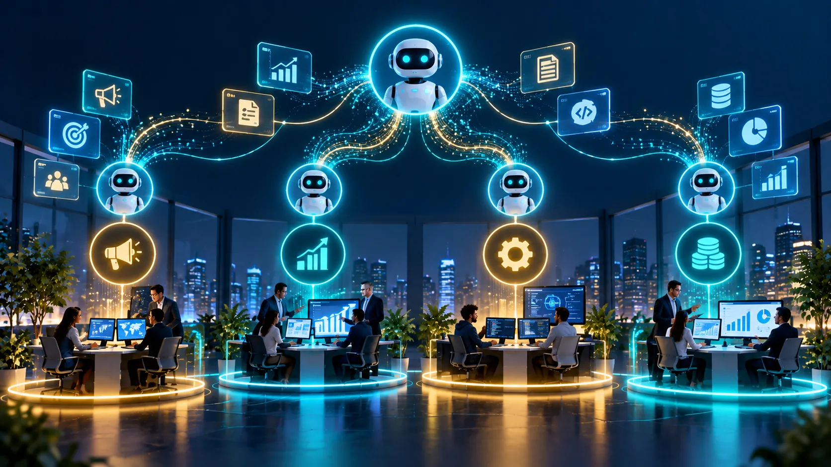 Enterprise AI automation connecting marketing, sales, engineering, and finance departments
